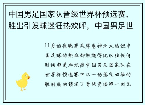 中国男足国家队晋级世界杯预选赛，胜出引发球迷狂热欢呼，中国男足世界杯预选赛赛程积分