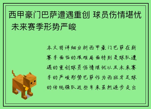 西甲豪门巴萨遭遇重创 球员伤情堪忧 未来赛季形势严峻