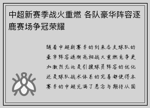 中超新赛季战火重燃 各队豪华阵容逐鹿赛场争冠荣耀