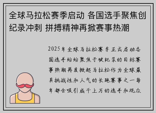 全球马拉松赛季启动 各国选手聚焦创纪录冲刺 拼搏精神再掀赛事热潮
