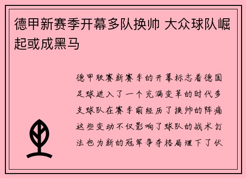 德甲新赛季开幕多队换帅 大众球队崛起或成黑马