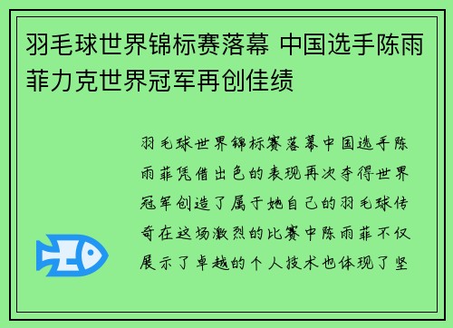 羽毛球世界锦标赛落幕 中国选手陈雨菲力克世界冠军再创佳绩