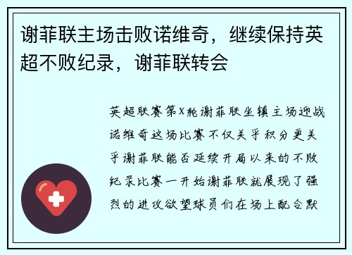 谢菲联主场击败诺维奇，继续保持英超不败纪录，谢菲联转会