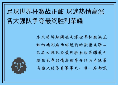 足球世界杯激战正酣 球迷热情高涨 各大强队争夺最终胜利荣耀