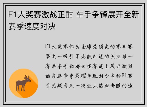 F1大奖赛激战正酣 车手争锋展开全新赛季速度对决