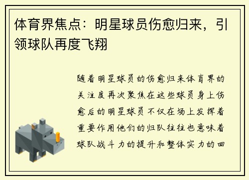 体育界焦点：明星球员伤愈归来，引领球队再度飞翔