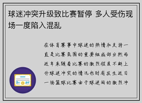 球迷冲突升级致比赛暂停 多人受伤现场一度陷入混乱
